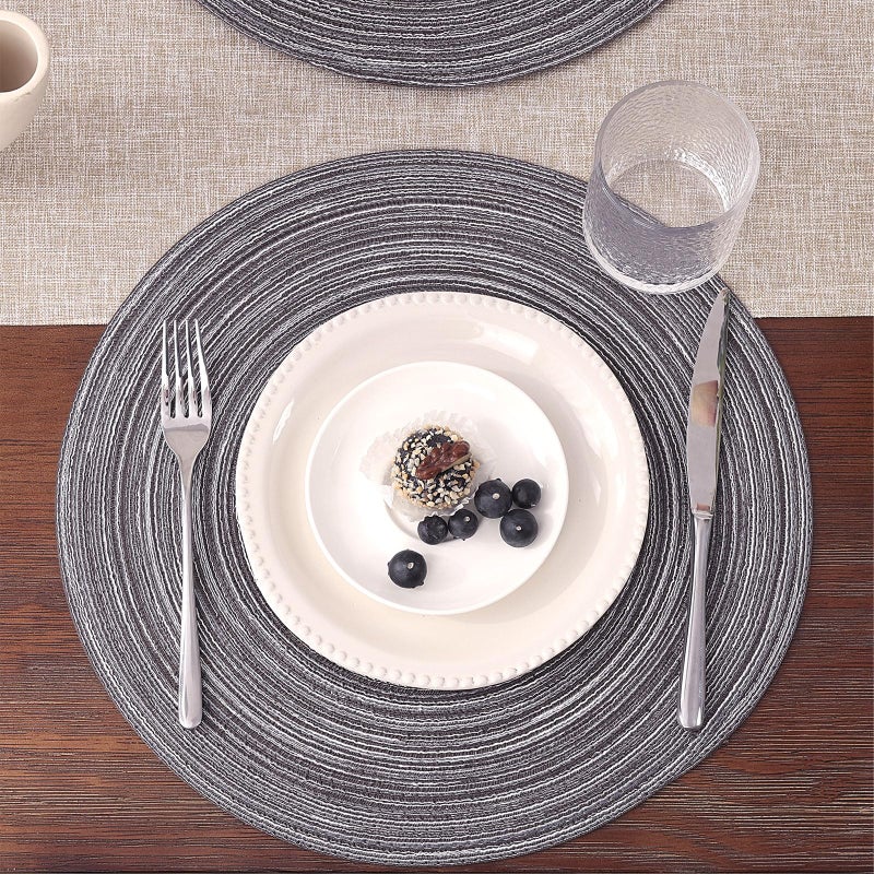 SHACOS Round Braided Placemats Set of 8 Round Table Mats for Dining Tables Non Slip Washable (Black Grey, 8) - Image 2